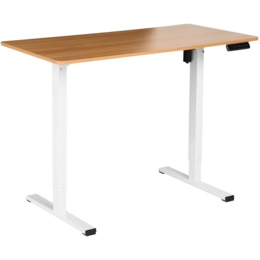 Electrically Adjustable Desk Light Brown Tabletop White Steel Frame 120 x 60 cm Sit and Stand Square Feet Modern Design TAVARES