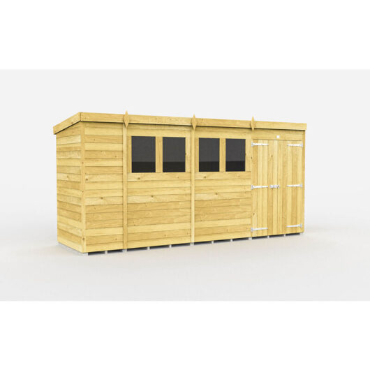 15 x 4 Feet Pent Shed - Double Door With Windows - Wood - L118 x W454 x H201 cm