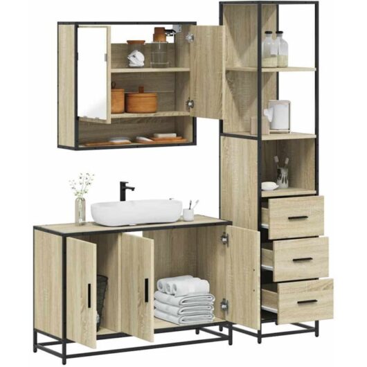 3 Piece Bathroom Furniture Set Sonoma Oak Engineered Wood Vidaxl
