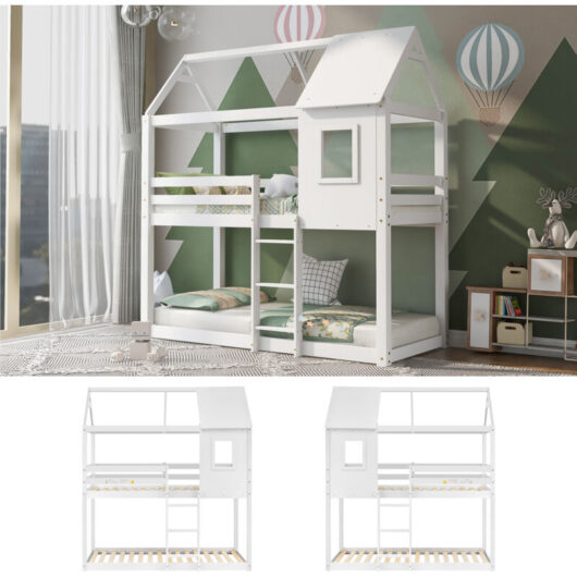 Abrihome - Bunk Bed, Children Cabin Bed, Single Bed for Kids, Twin Sleeper, Solid Pine Wood,3FT-White