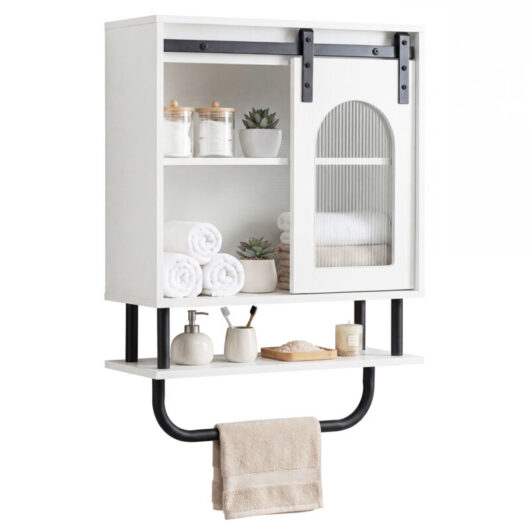 COSTWAY Bathroom Wall Cabinet Farmhouse Medicine Cabinet with Sliding Barn Door & Metal Hanging Bar