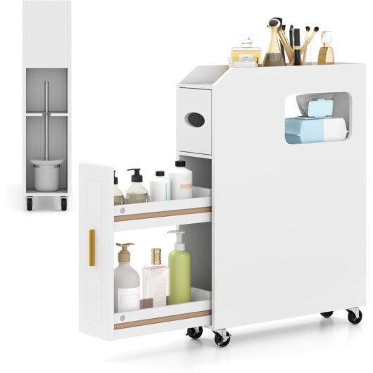 COSTWAY Small Bathroom Storage Cabinet 16cm Narrow Slim Bathroom Organizer-White