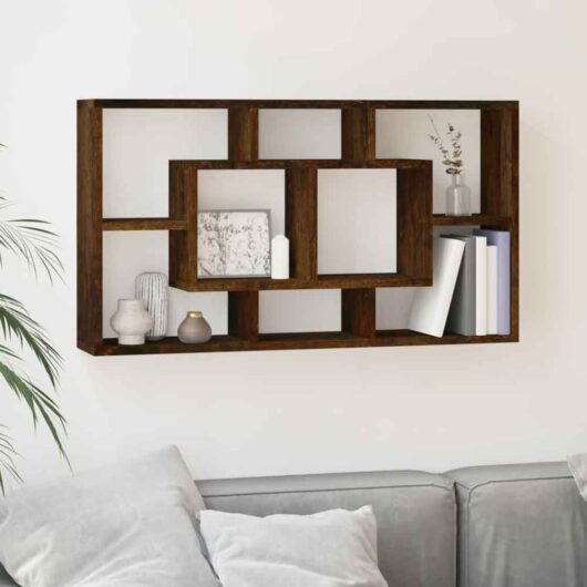 Aponka 80cm Wooden Wall Shelving Unit With 8 Shelves - Smoked Oak