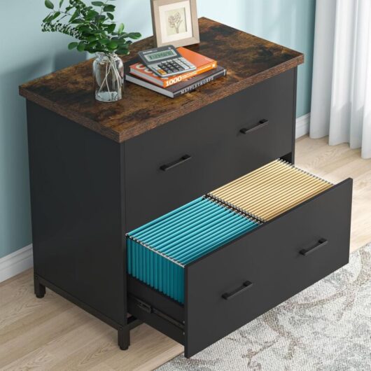 Tribesigns 2-Drawer File Cabinets, Wood Lateral Filing Cabinet for Home Office, Small File Cabinet for A4, Letter-Size Files, Brown and Black