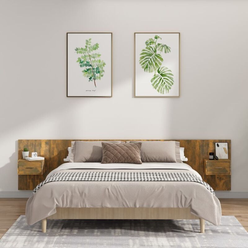 Bed Headboard with Cabinets Smoked Oak Engineered Wood Vidaxl