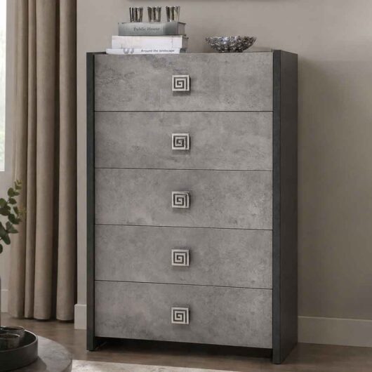 Delora High Gloss Chest of 5 Drawers in Grey Stone Effect