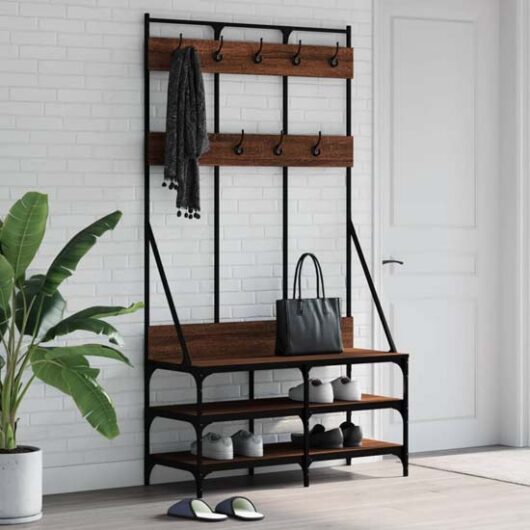 Fremont Wooden Coat Stand With 2 Shelves In Brown Oak